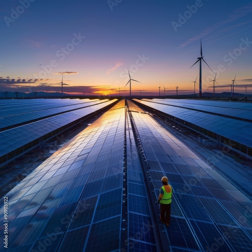 Renewable Energy Worker Maintaining Solar Panels At Sunset With Wind Turbines In Background