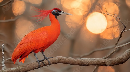 Vibrant Red Bird Perched on a Branch During Sunset photo