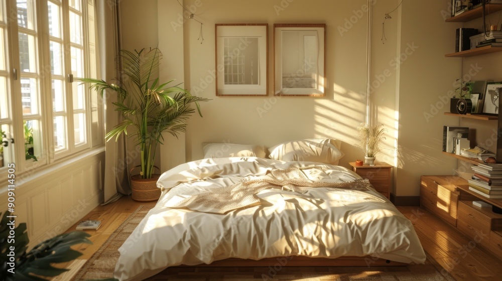 Fototapeta premium Tranquil Minimalist Bedroom with Soft Bedding and Clean Lines