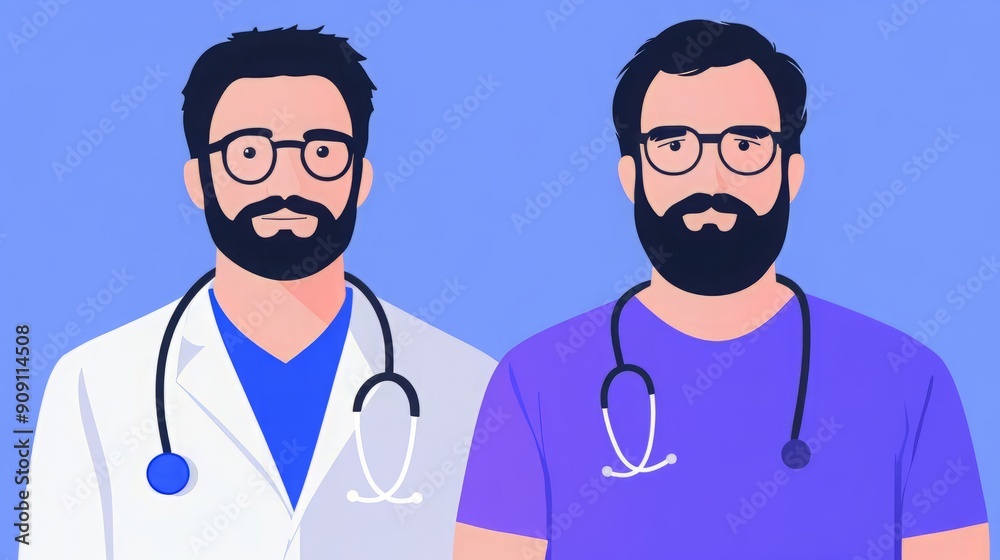 Fototapeta premium Two male doctors with beards, one in a white coat and the other in purple scrubs, posing together against a blue background.