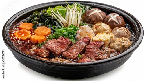 Japanese hot pot (nabe) with assorted ingredients simmering in a flavorful broth, isolated on white background