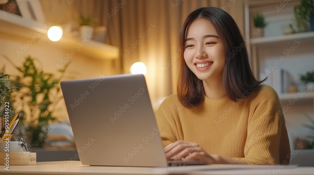 Smiling Woman Working on Laptop at Home Smiling Woman Working on Laptop at Home