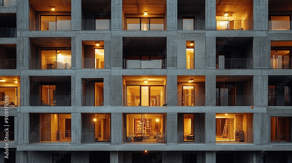 Modern building facade with illuminated balconies at dusk Modern building facade with illuminated balconies at dusk