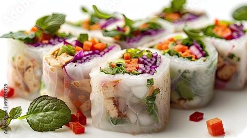 Yuba tofu skin sushi rolls with delicate textures and fresh vegetable fillings, isolated on white background photo