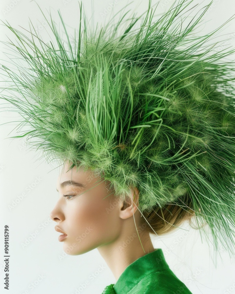Naklejka premium Woman with vibrant green hair made of grass and foliage, showcasing an artistic hairstyle against a light neutral background