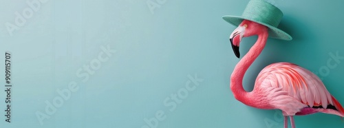 Pink Flamingo Wearing a Straw Hat Against a Turquoise Background