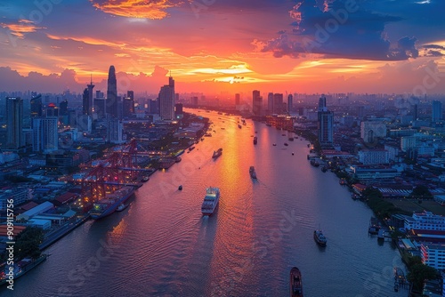 A city skyline with a river running through it. The sun is setting, casting a warm glow over the city