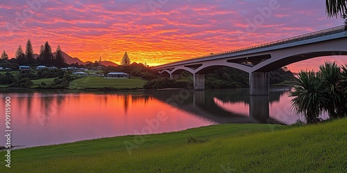 Sunset Reflections over Calm River Bridge photo