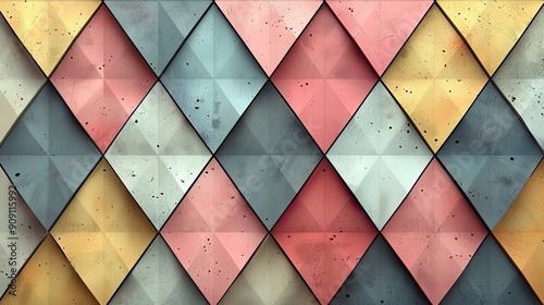 Simple geometric design with hexagons and triangles, pastel colors, seamless pattern.  photo