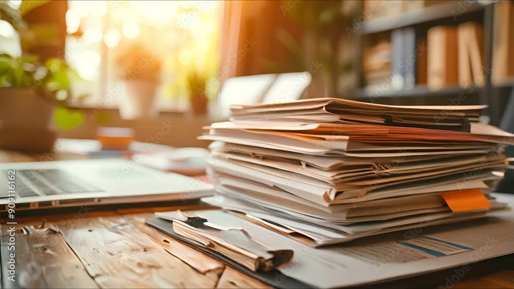 A stack of papers on a wooden desk with a laptop and a plant in the background.  The papers are organized and ready for work.  The image suggests a busy office environment.