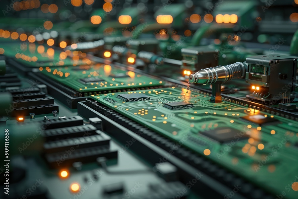 A computer chip is being manufactured in a factory. The image is a close up of the chip, with the factory machinery visible in the background. Scene is industrial and technical A computer chip is being manufactured in a factory. The image is a close up of the chip, with the factory machinery visible in the background. Scene is industrial and technical