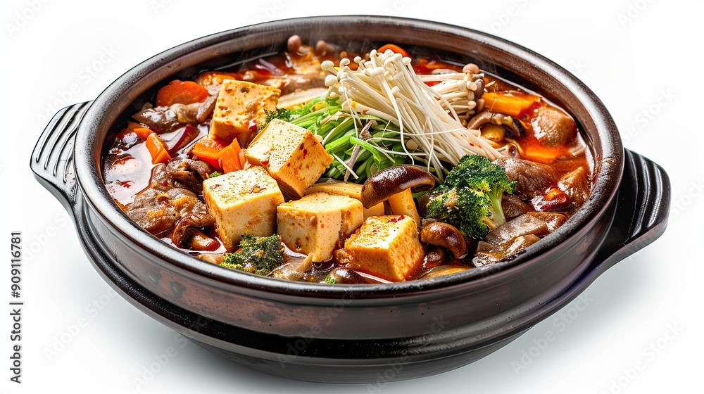Doenjang jjigae soybean paste stew with tofu, vegetables, and mushrooms, isolated on white background Doenjang jjigae soybean paste stew with tofu, vegetables, and mushrooms, isolated on white background