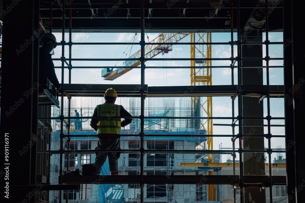 A construction worker is standing on a scaffold looking out over a building site. The worker is wearing a yellow vest and a hard hat. The scene is a construction site with a crane in the background