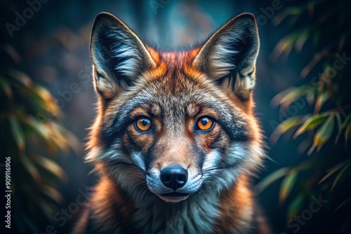 A fox with striking orange eyes and a reddish-brown muzzle photo