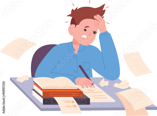 Tired boy doing homework. Education and study difficulties