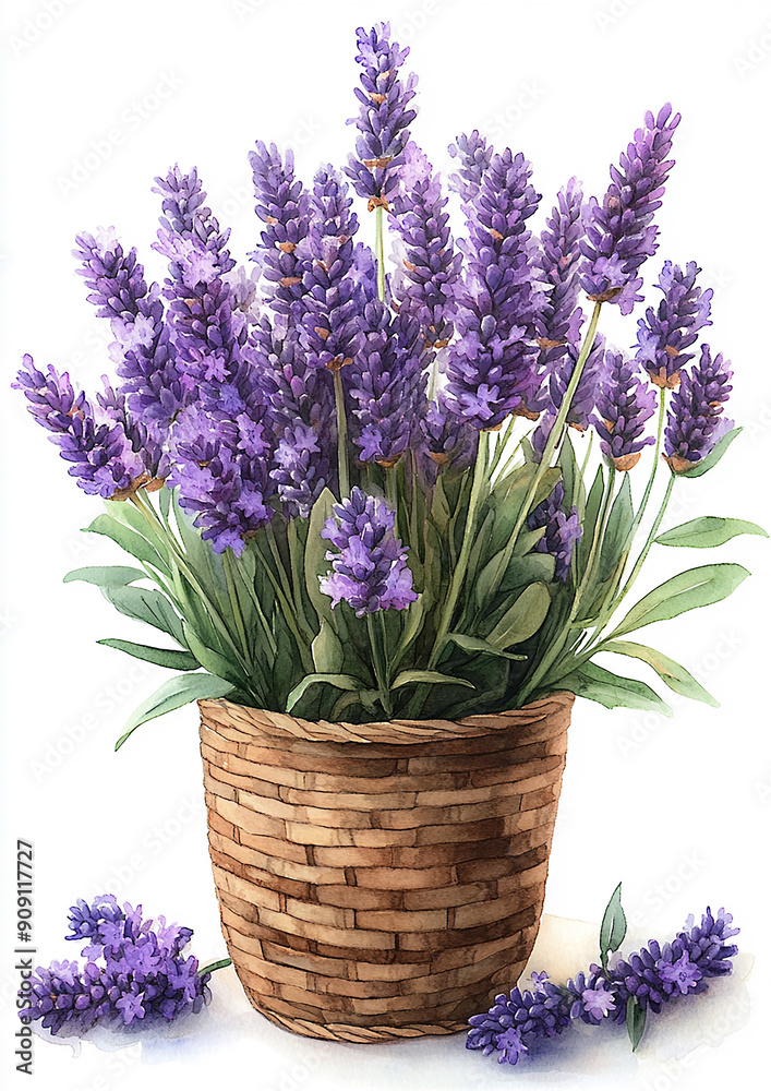Lavender in basket, watercolor style, high-res on white background Lavender in basket, watercolor style, high-res on white background
