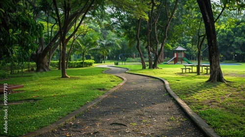 Footpath in a park with playgrounds and picnic areas