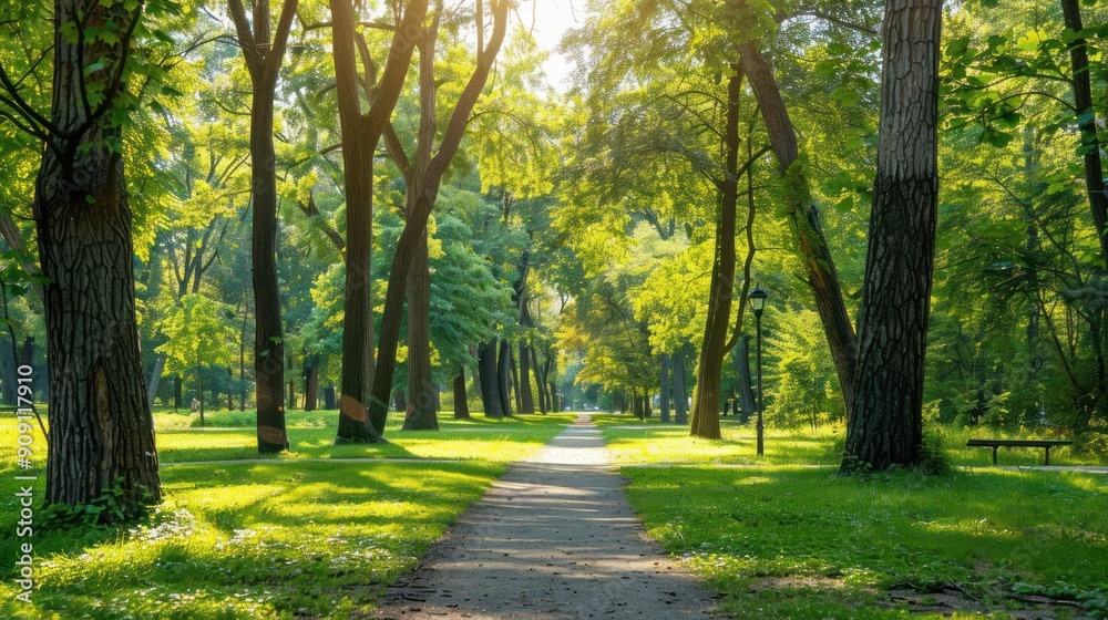 Shaded footpath in a park with tall trees Shaded footpath in a park with tall trees