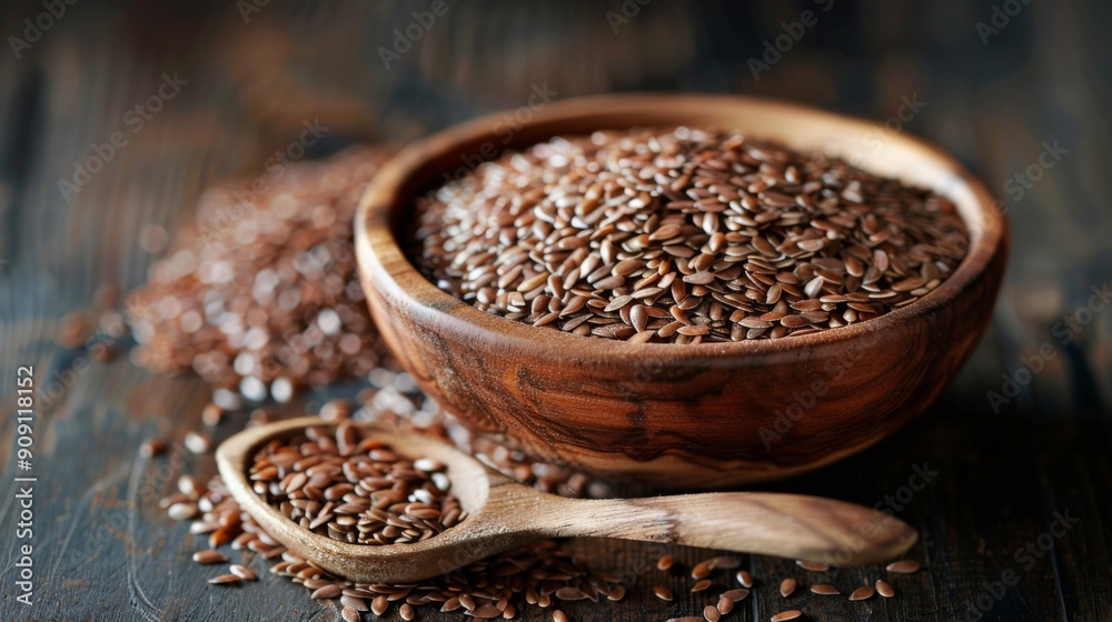 A wooden bowl is filled to the brim with flaxseeds, with a matching wooden spoon placed beside it on a rustic wooden surface. The image captures the natural texture and color of the seeds. A wooden bowl is filled to the brim with flaxseeds, with a matching wooden spoon placed beside it on a rustic wooden surface. The image captures the natural texture and color of the seeds.