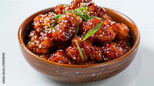 Dakgangjeong crispy fried chicken coated in a sweet and spicy sauce, isolated on white background photo