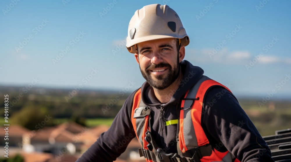 A smiling construction worker in a safety helmet and vest, standing on a rooftop with a beautiful scenic view, representing hard work and dedication in the construction industry. A smiling construction worker in a safety helmet and vest, standing on a rooftop with a beautiful scenic view, representing hard work and dedication in the construction industry.