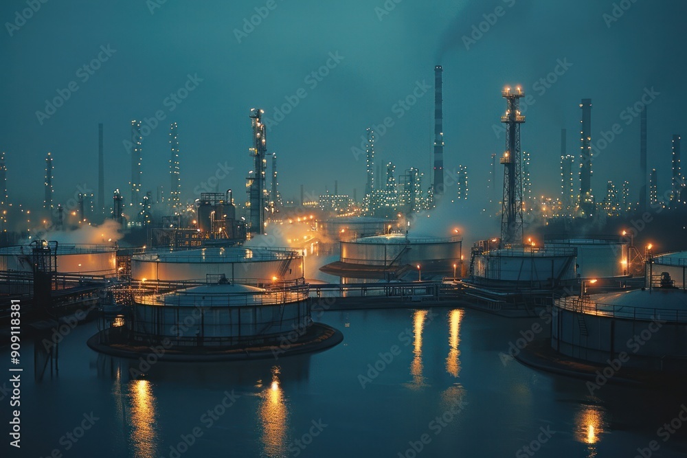 Obraz premium A large industrial area with many tanks and a large body of water. The water is lit up at night, creating a serene and peaceful atmosphere