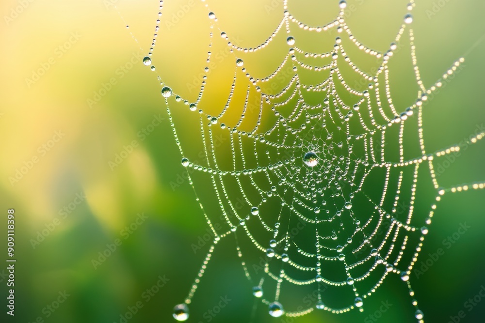Naklejka premium Dewdrops on spider web, with copy space