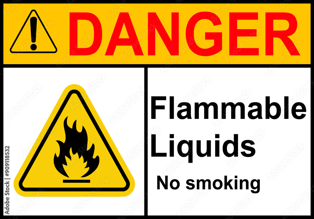 Obraz premium Fire sign. Flammable combustible materials. Fuel fire hazard. Do not smoke near diesel, petrol, gas. Warning of fire hazard and the need to observe safety measures. Flammable materials work area.