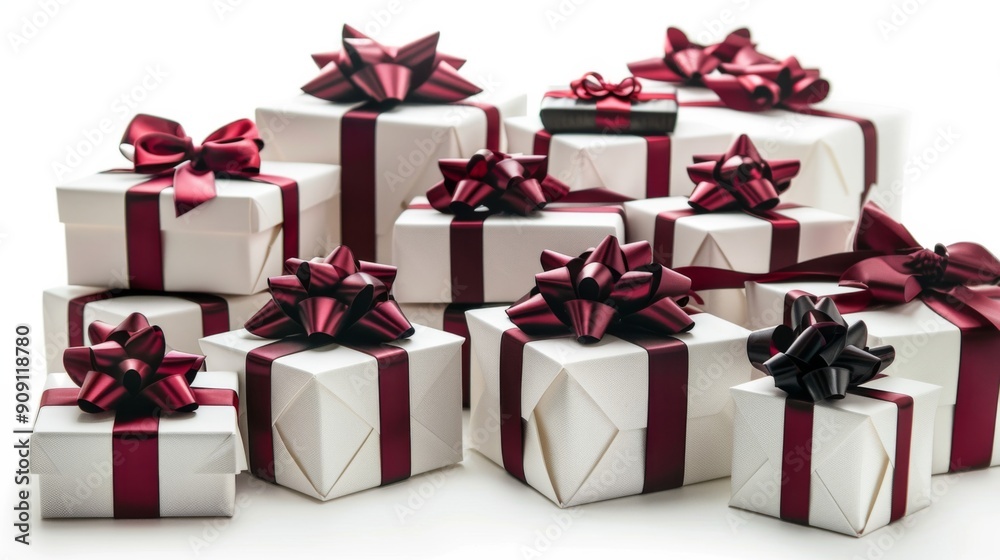 Obraz premium A collection of neatly wrapped white gifts adorned with elegant maroon ribbons and bows, displaying a festive theme suitable for various celebrations and events.
