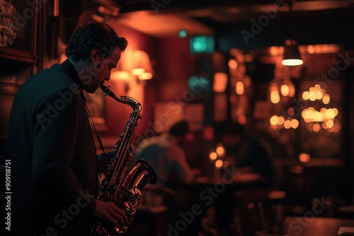 Dimly lit jazz club with a lone saxophonist, with copy space photo