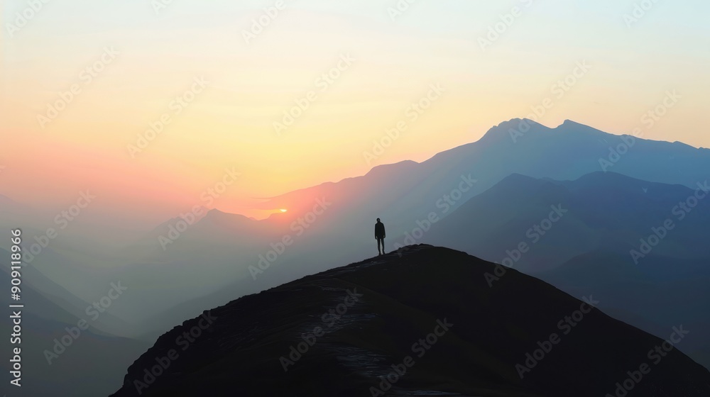 Obraz premium A solitary figure walking along a mountain ridge at sunrise