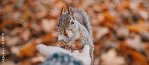 Squirrel Feeding on Hand in Autumn Park With Colorful Leaves