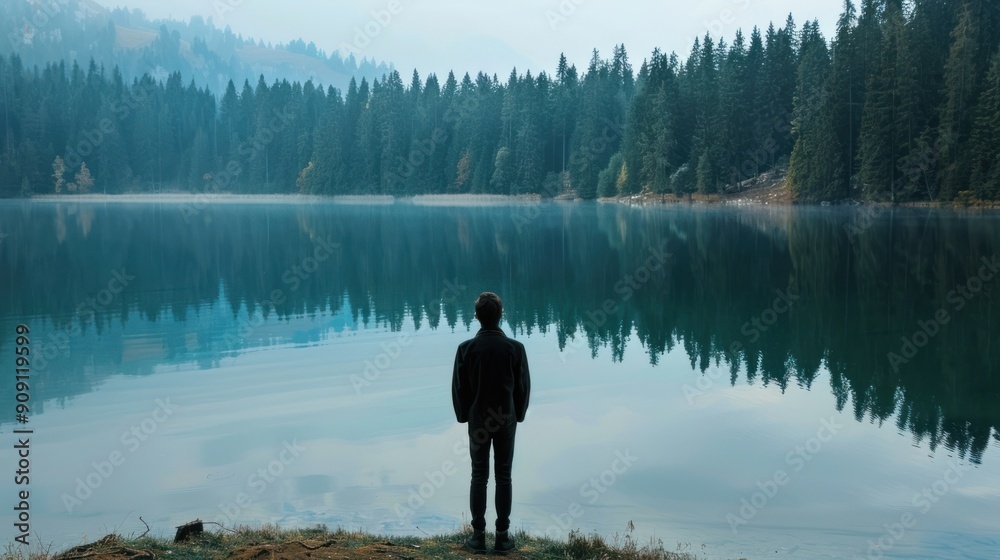 Fototapeta premium A person standing by a lake, reflecting on their thoughts