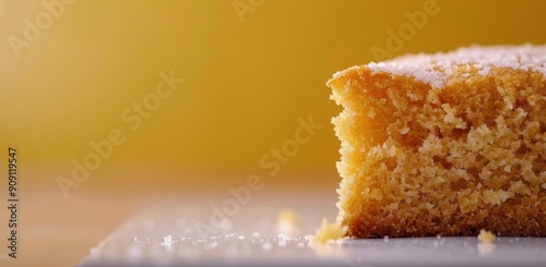Golden Slice of Freshly Baked Cake on Light Surface With Warm Background