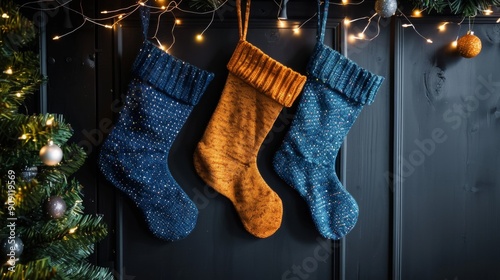 Three Christmas stockings, in blue and orange, with glittering patterns are beautifully hung against a dark background, surrounded by festive lights and Christmas decorations.