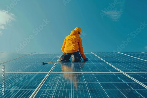 Wallpaper Mural A man in a yellow jacket is working on a solar panel. Concept of hard work and dedication to the task at hand Torontodigital.ca