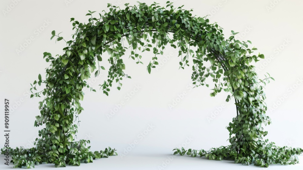 Obraz premium An urban garden features a garden arch composed of green plants and trailing foliage, providing a natural corridor and adding a touch of nature in an urban setting.