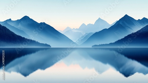 Mountain Range Reflected in a Still Lake at Dawn