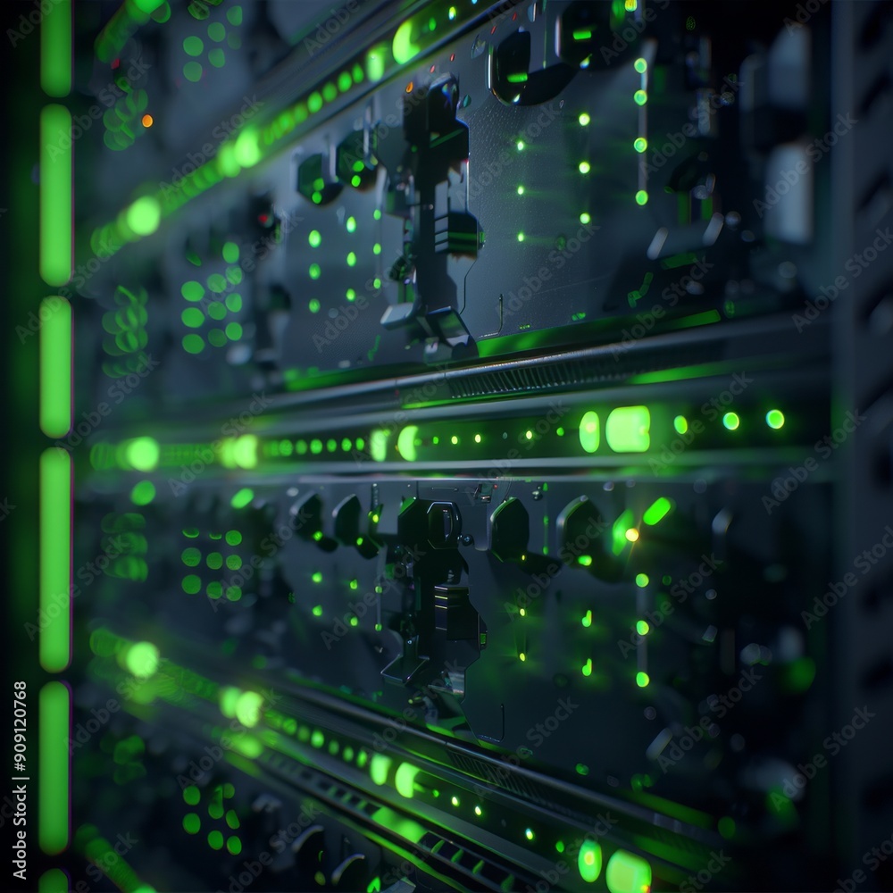 Detailed View of High-Tech Server Rack Illuminated by Green LED Lights Detailed View of High-Tech Server Rack Illuminated by Green LED Lights