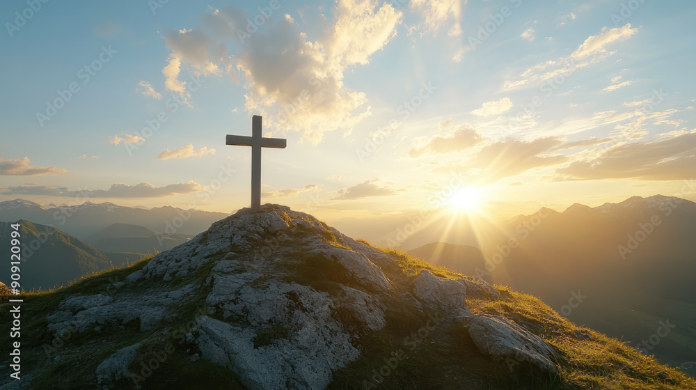 A picturesque scene of a solitary cross overlooking a beautiful sunset on a mountain ridge, with the golden sun rays spreading across the serene landscape in the background.