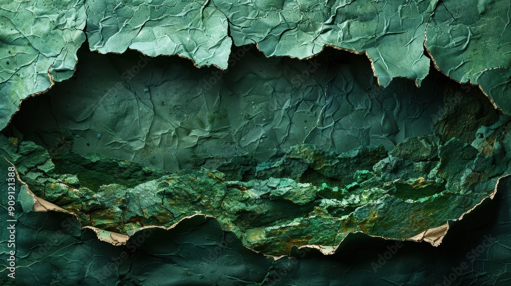torn green paper on a black background.