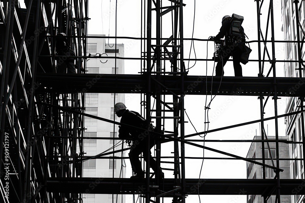 Silhouetted Construction Workers on Scaffolding