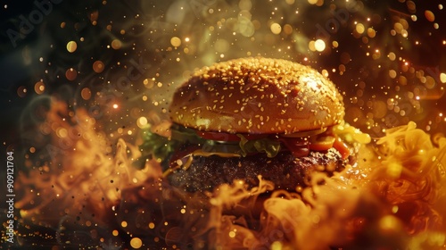 Close-up of a gourmet cheeseburger featuring fresh lettuce, ripe tomato, and a sesame-seed bun, captured with artistic lighting and vibrant, flavorful details, highlighting deliciousness.