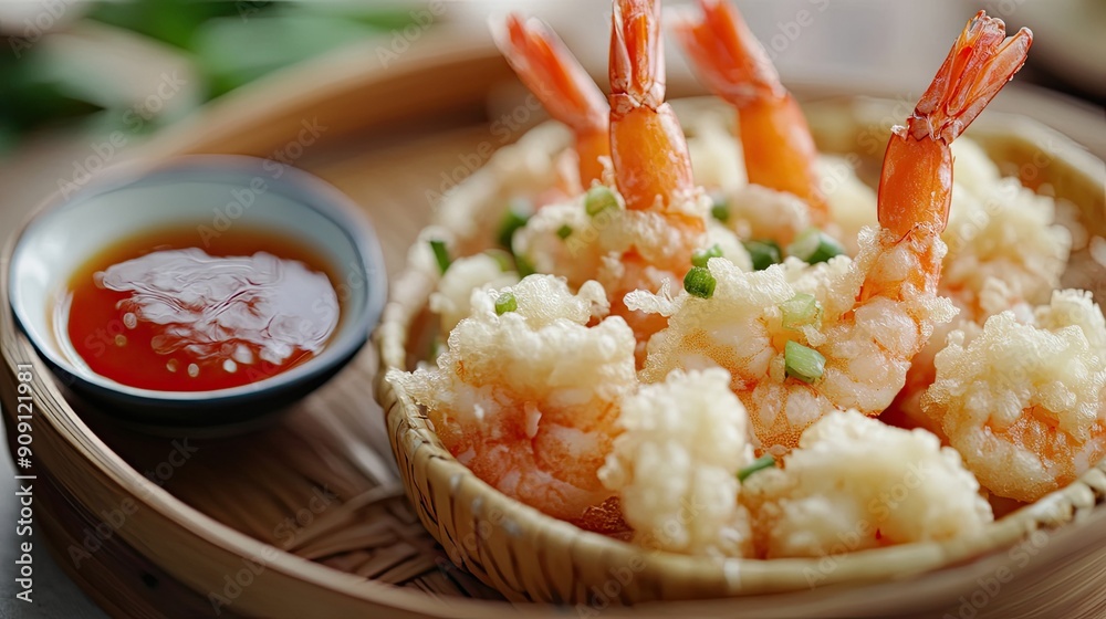 A delightful serving of tempura prawns and vegetables, golden and crispy, with a side of dipping sauce. A delightful serving of tempura prawns and vegetables, golden and crispy, with a side of dipping sauce.