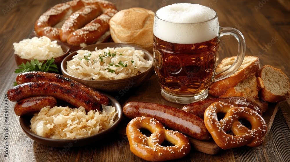 A rich German meal with sausages, sauerkraut, pretzels, and a frothy beer stein on a wooden table. A rich German meal with sausages, sauerkraut, pretzels, and a frothy beer stein on a wooden table.