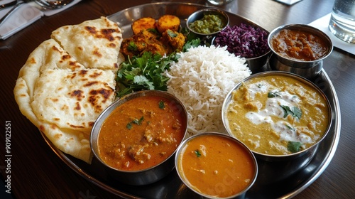 A spicy Indian thali platter with a variety of curries, rice, naan bread, and condiments beautifully arranged. photo