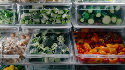 Fresh vegetables are neatly arranged in clear containers within a refrigerator