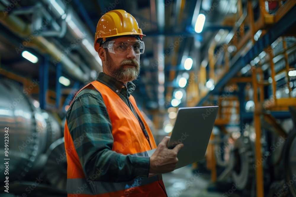 A man in a safety vest is holding a tablet computer. He is wearing a hard hat and safety glasses A man in a safety vest is holding a tablet computer. He is wearing a hard hat and safety glasses