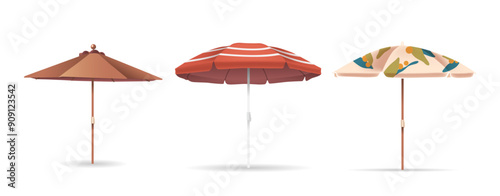 Set Of Three Colorful Sun Umbrellas Isolated On White Background. Realistic 3d Vector Image Perfect For Summer Themes