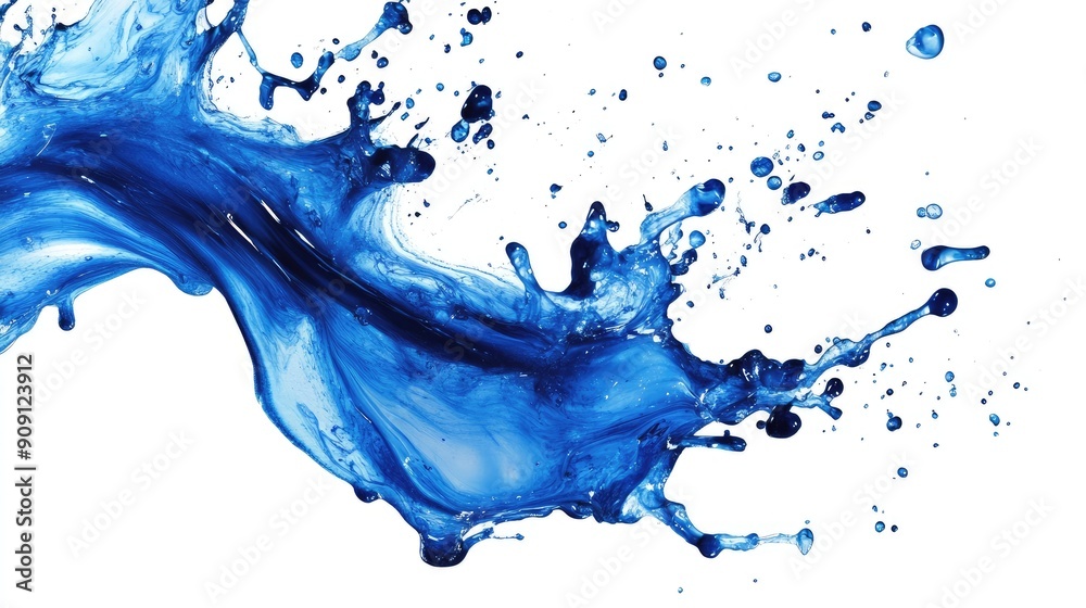 Dynamic image of a blue ink splash cut out on a white background